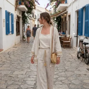 Γυναικείο Boho Σετ Κιμονό με Κρόσια και Παντελόνα – μπροστινή όψη