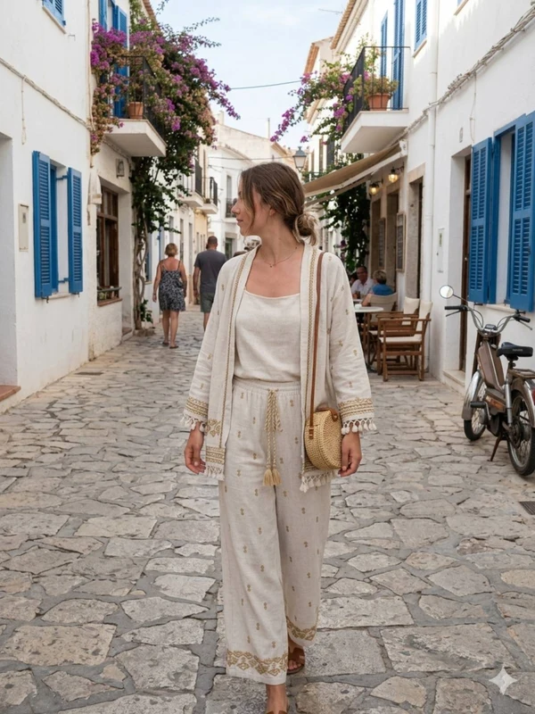 Γυναικείο Boho Σετ Κιμονό με Κρόσια και Παντελόνα – μπροστινή όψη