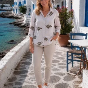 Γυναικείο Ριγέ Βαμβακερό Πουκάμισο με Καφέ Λουλούδια – μπροστινή όψη