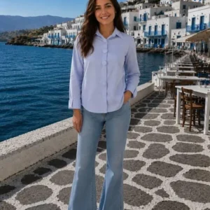 Γυναικείο Ριγέ Βαμβακερό Πουκάμισο σε Σιέλ Απόχρωση – μπροστινή όψη