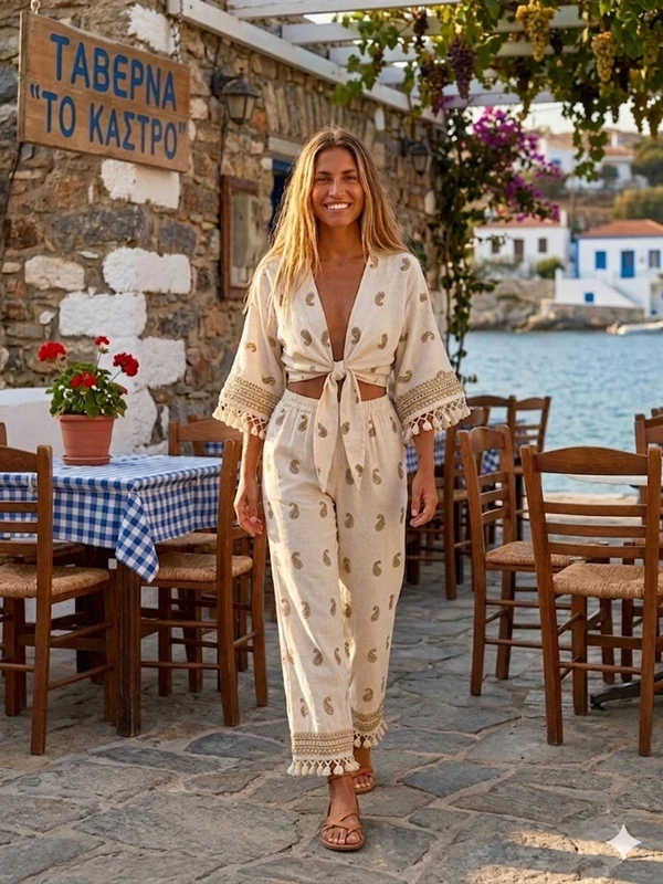 Γυναικείο Boho Σετ Μπολερό με Κρόσια και Παντελόνα – μπροστινή όψη